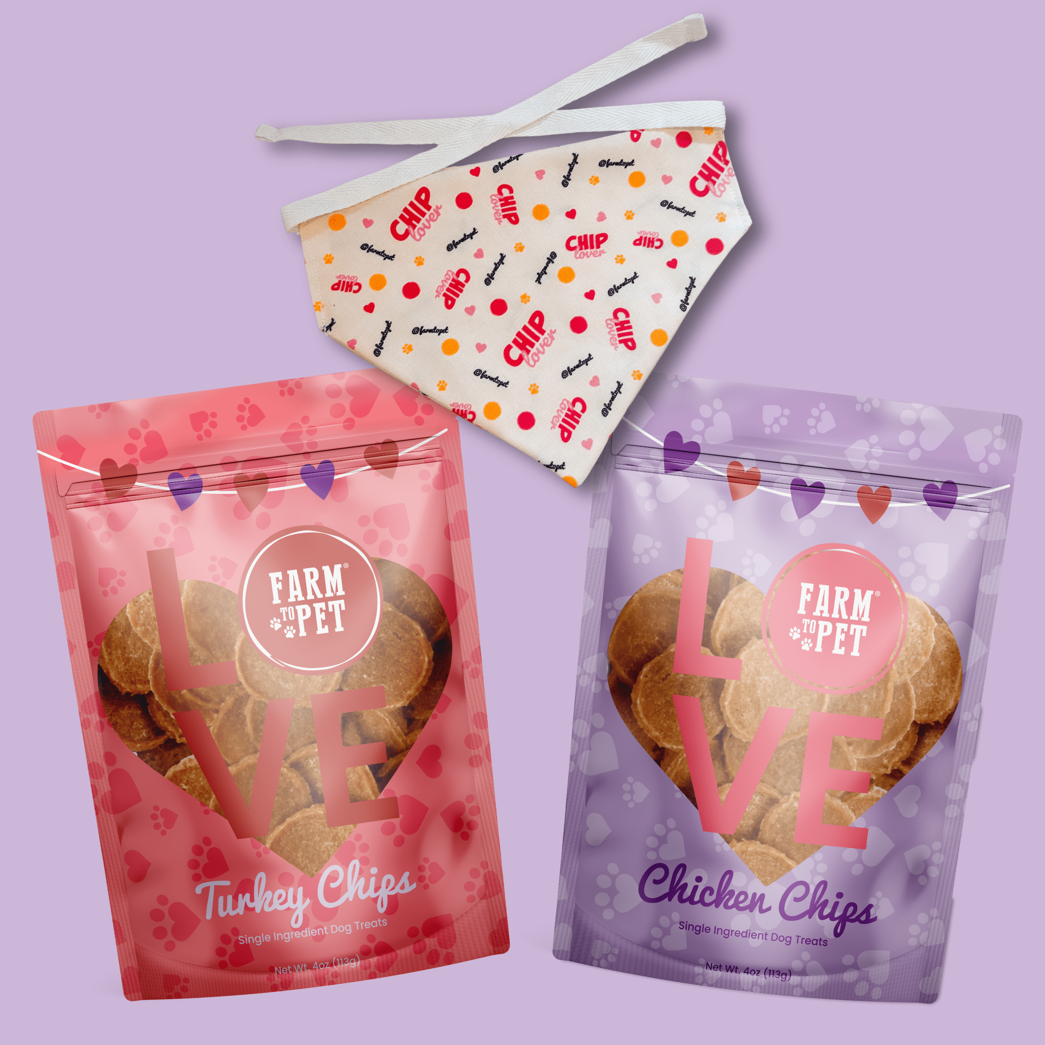 Two packages of Farm Pet turkey and chicken chips on a purple background