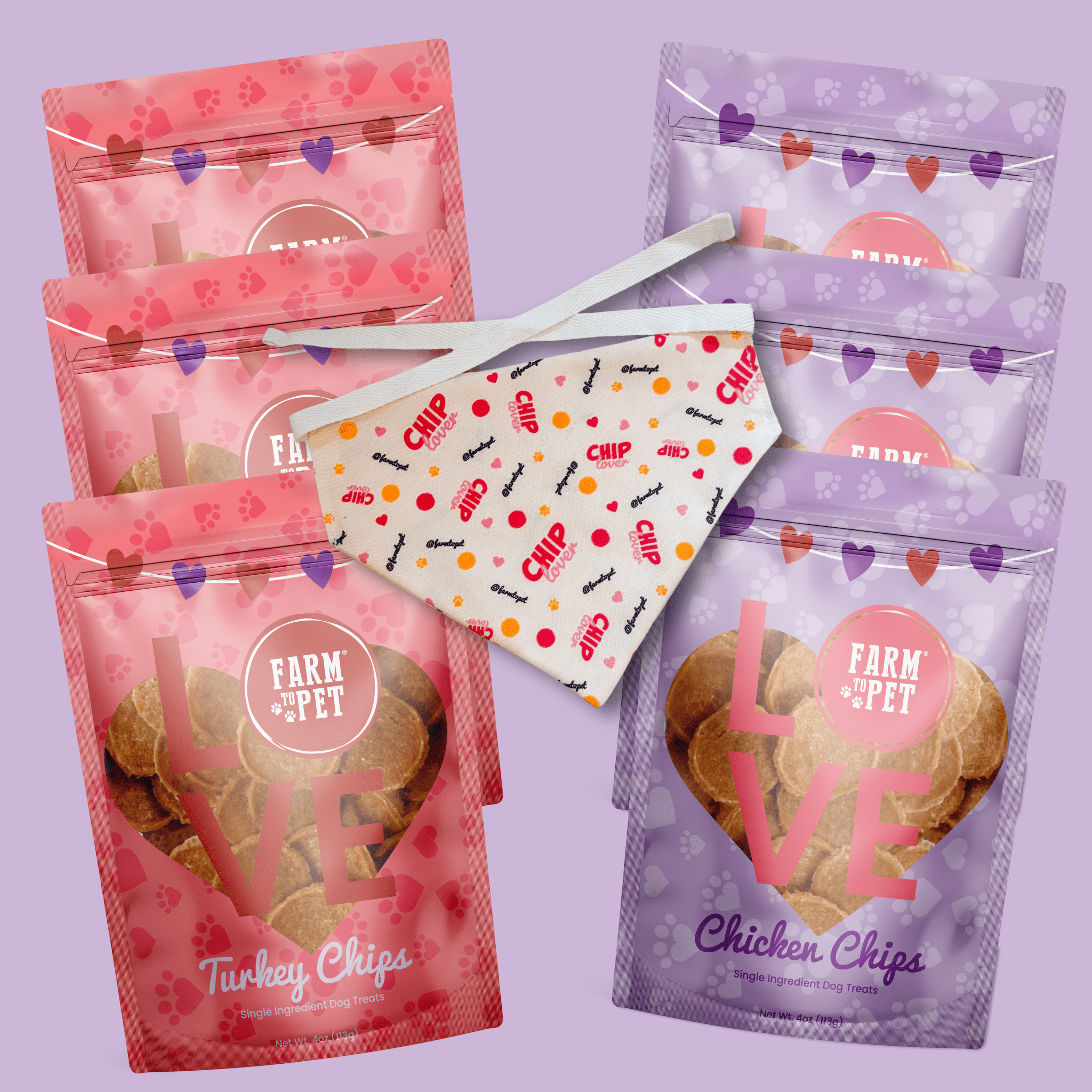 Packages of Farm to Pet dog treats on a purple background