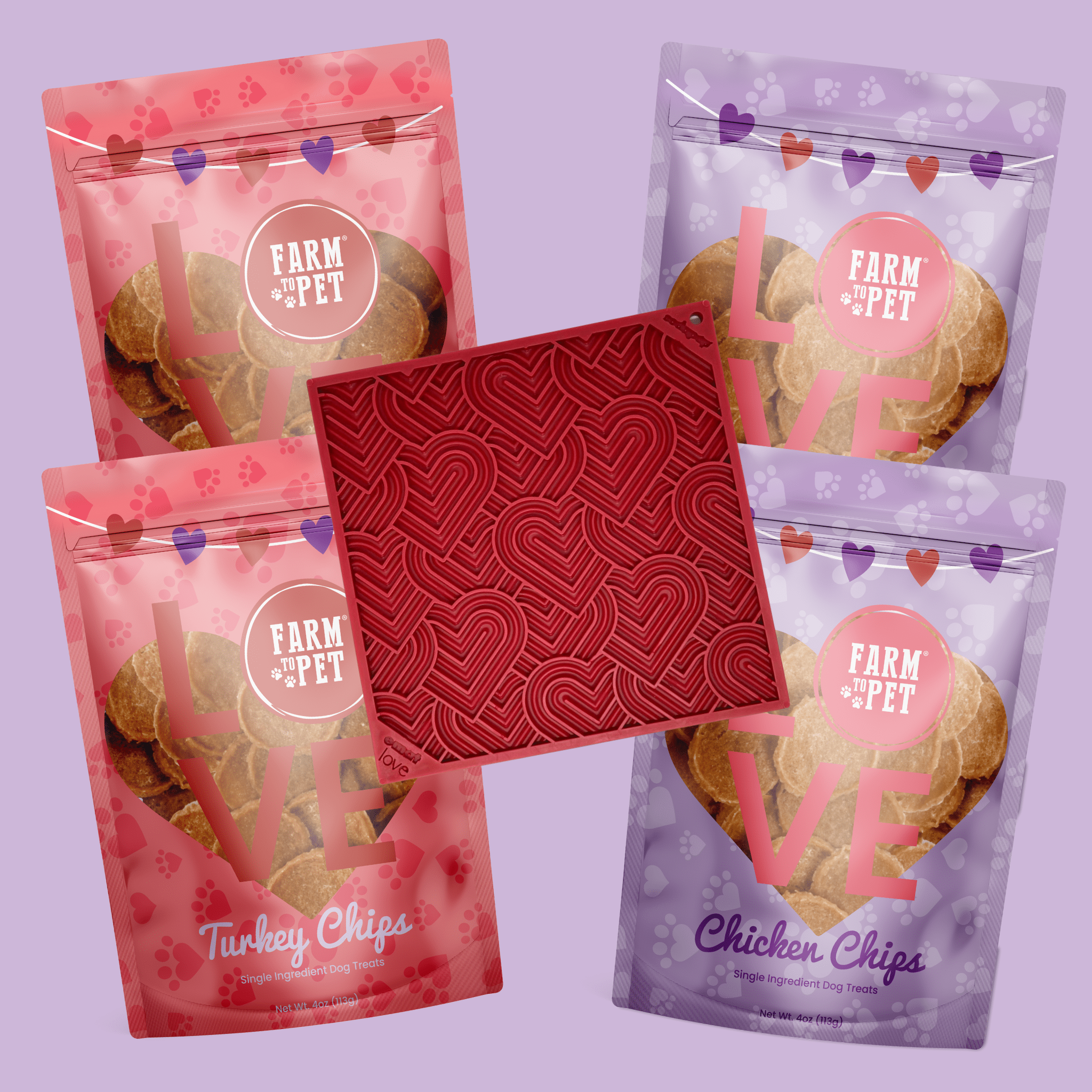 Four packages of 'Farm to the Pet' pet treats and heart lick mat for dogs on a purple background
