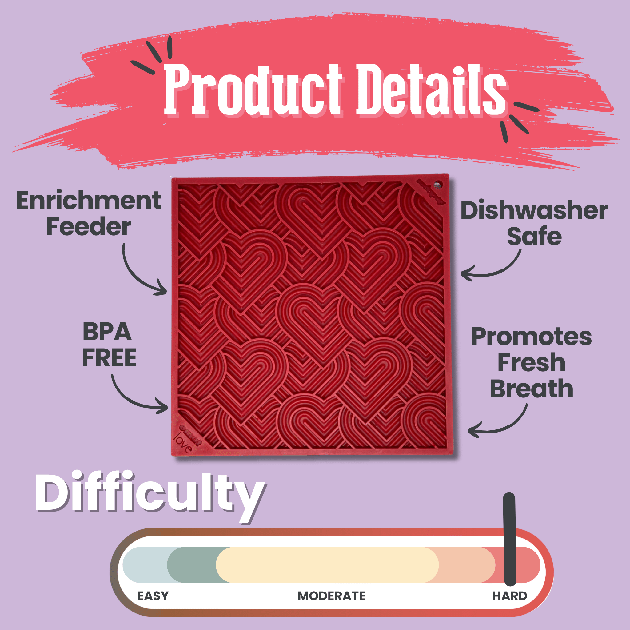 Red enrichment lick mat for dogs with product details on a purple background